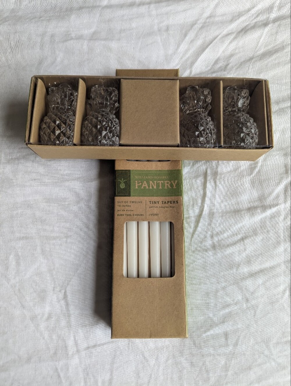 Williams Sonoma Glass Pineapple Candle Holders with Ivory Tapers